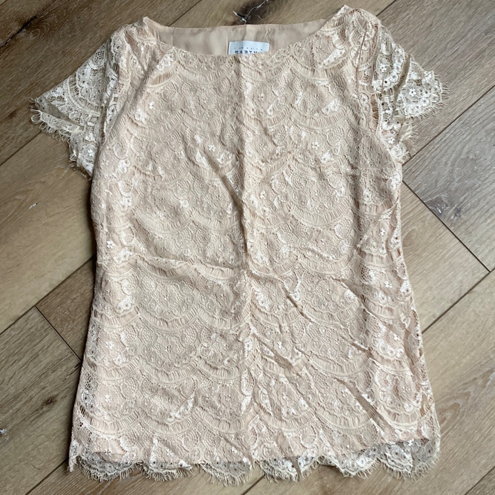 Sabine Tan Lace Top Shirt Size Medium Cap Sleeve Delicate Elegant